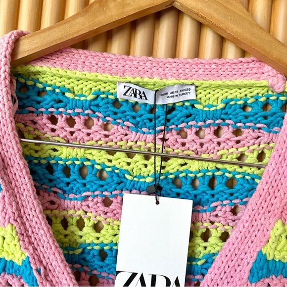 Zara crochet chunky knit tie front cardigan pink blue green - Picture 6 of 9